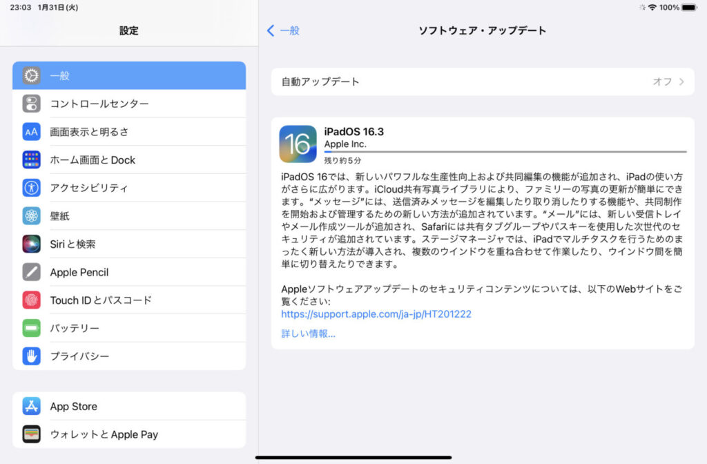「iPad mini(第6世代)」の「iPadOS16」へのアップデート